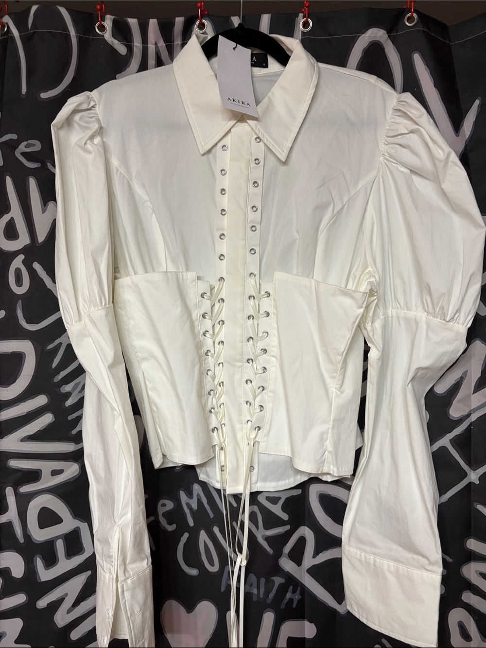 AKIRA White Lace-Up Corset Button Down Puff Sleeve Shirt
